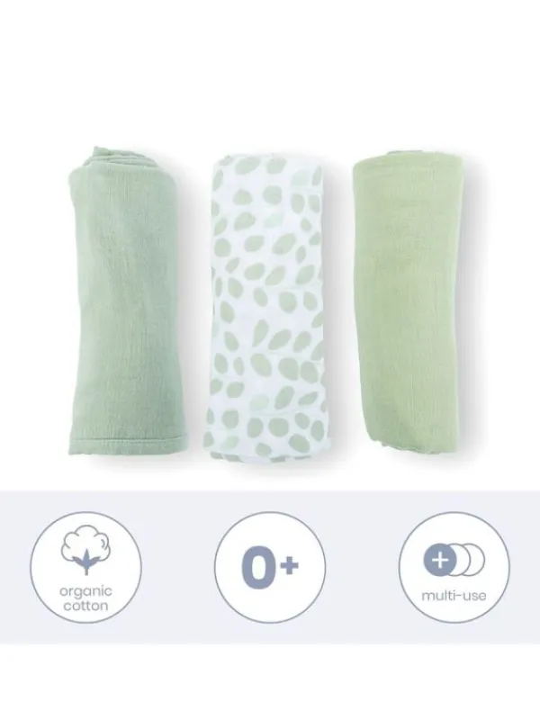 Online Luomupuuvillainen harso 3-Pack, leaves green | Puuvillaharsot
