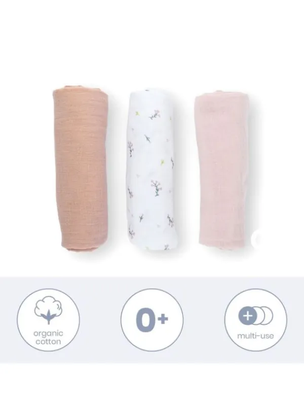 Luomupuuvillainen harso 3-Pack, flower pink | Puuvillaharsot