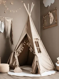 Sale Tiipii teltta röyhelöreunoilla ja matolla, beige Toiminnalliset Lelut|Verhokatokset
