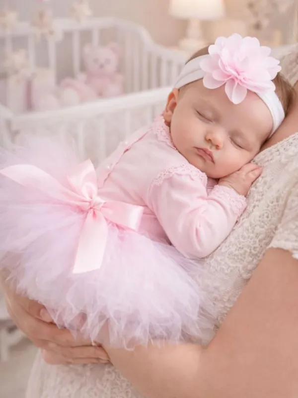 Vauvan tutu mekko ja kukkapanta vaaleanpunainen – juhla-asu ristiäisiin ja kuvauksiin Sisävaatteet